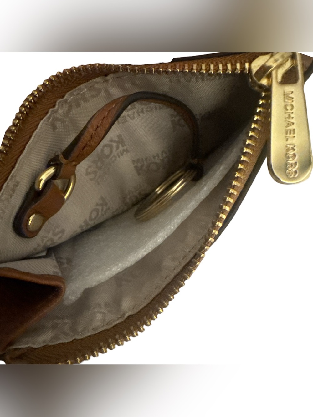 Michael Kors Brown Pebble Leather MK Zip Key Coin Case with Gold-tone Hardware - Picture 4 of 5